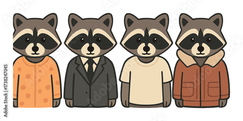 Cartoon raccoons in diverse outfits: business suit, casual tee, stylish jacket