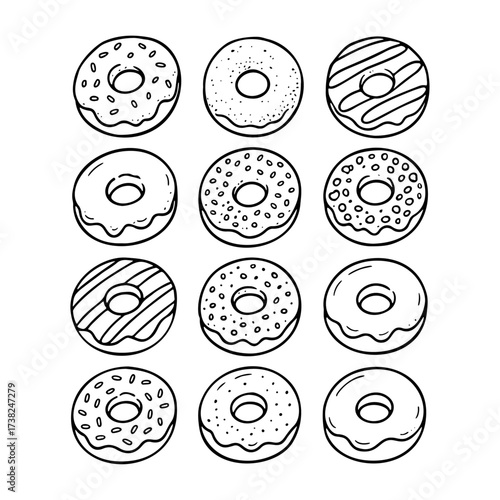 Glazed donuts outline icon, Doodle style. Hand drawn black and white isolated icon. Coloring page, art therapy, line art, logotype. Vector illustration