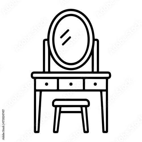 Dressing table with mirror. Hand drawn black and white isolated icon. female boudoir for applying makeup. Coloring page, art therapy, line art, logotype. Vector illustration