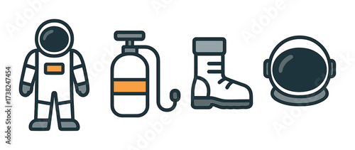 Cartoon space gear illustration featuring spacesuit, oxygen tank, boot, and helmet
