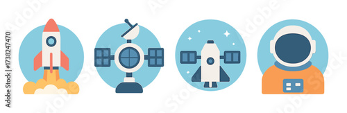 Colorful spacecraft and astronaut illustrations on blue background