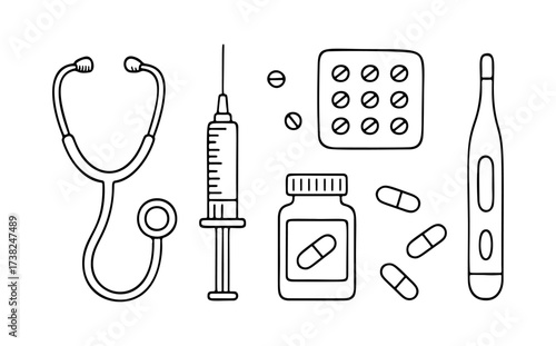 First aid kit Doodle style. Hand drawn black and white isolated icon. Coloring page, art therapy, line art, logotype. Vector illustration