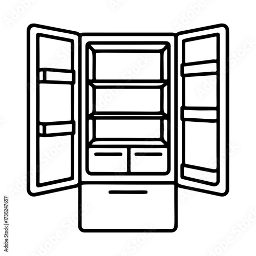 Open fridge outline icon. Empty refrigerator. Hand drawn black and white isolated icon. Coloring page, art therapy, line art, logotype. Vector illustration