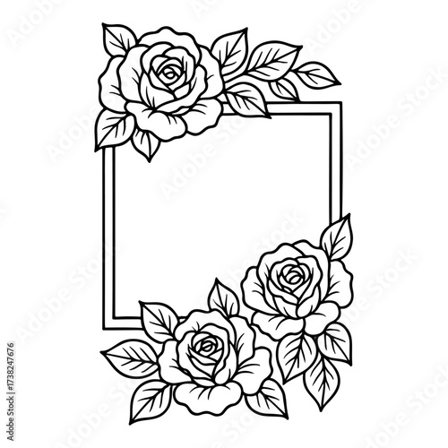 Frame with Rose flowers and leaves. Botanical element. Doodle style. Hand drawn black and white isolated icon. Coloring page, art therapy, line art, logotype Beautiful flower. Vector illustration