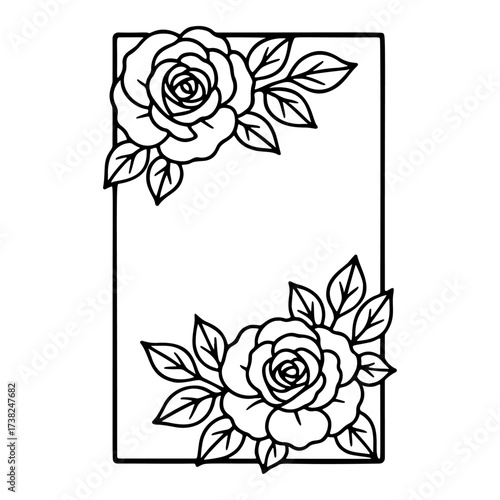 Frame with Rose flowers and leaves. Botanical element. Doodle style. Hand drawn black and white isolated icon. Coloring page, art therapy, line art, logotype Beautiful flower. Vector illustration