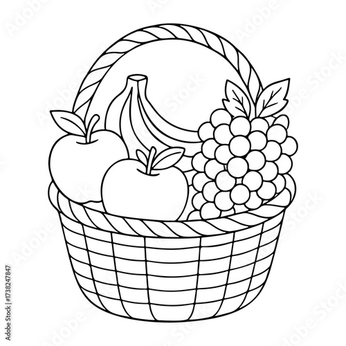 fruit basket Doodle style. apples, bananas, grapes. Hand drawn black and white isolated icon. Coloring page, art therapy, line art, logotype. Vector illustration