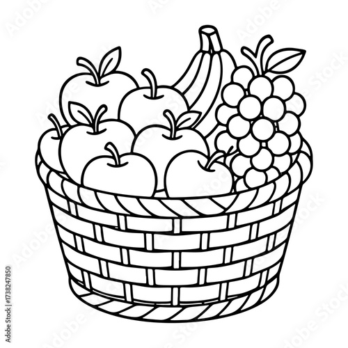 fruit basket Doodle style. apples, bananas, grapes. Hand drawn black and white isolated icon. Coloring page, art therapy, line art, logotype. Vector illustration