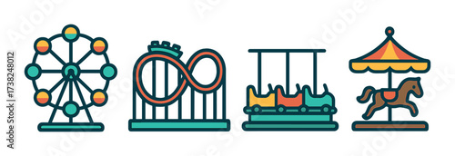 Amusement park icons with ferris wheel roller coaster swing ride merry-go-round