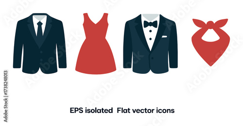 Elegant formal and casual fashion icons – suit, dress, tuxedo, scarf