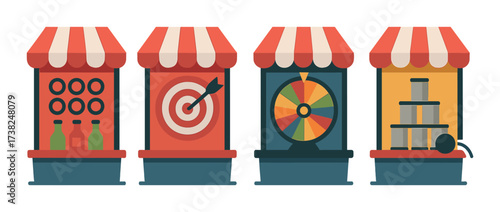 Colorful carnival game booths with targets and prizes