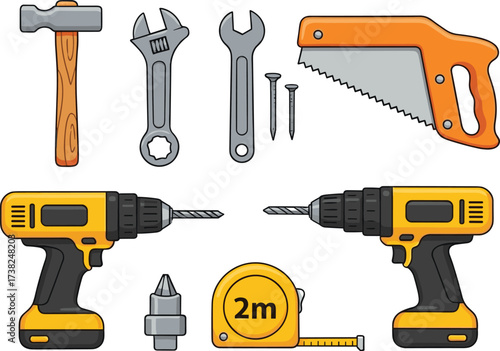 Handy tools and home improvement items collection with hammer, saw, wrench, and tape measure for building and repair projects