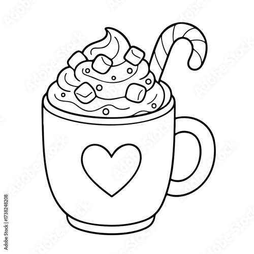 Hot drink chocolate cup with whipped cream. Doodle style. Hand drawn black and white isolated icon. Coloring page, art therapy, line art, logotype. Vector illustration