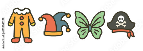 Colorful cartoon costume icons: clown, jester, butterfly, pirate
