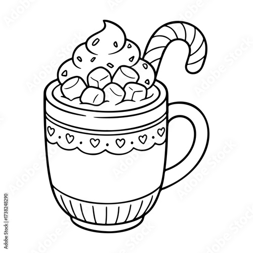 Hot drink chocolate cup with whipped cream. Doodle style. Hand drawn black and white isolated icon. Coloring page, art therapy, line art, logotype. Vector illustration