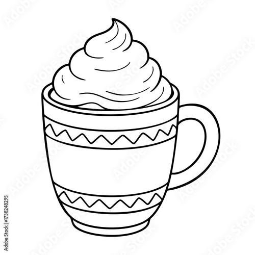 Hot drink chocolate cup with whipped cream. Doodle style. Hand drawn black and white isolated icon. Coloring page, art therapy, line art, logotype. Vector illustration