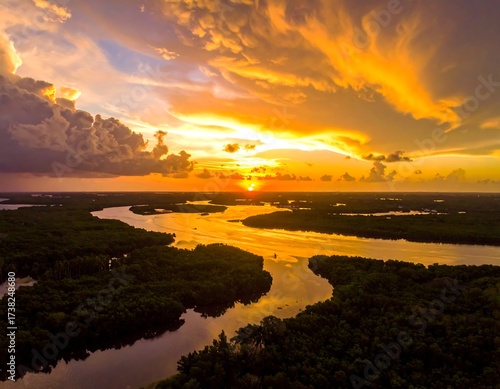 Aerial sunset over river