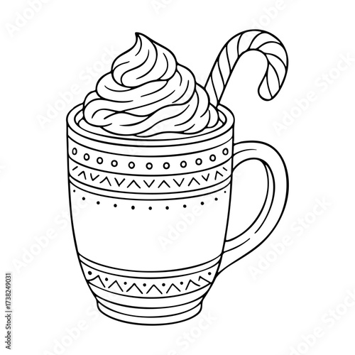 Hot drink chocolate cup with whipped cream. Doodle style. Hand drawn black and white isolated icon. Coloring page, art therapy, line art, logotype. Vector illustration