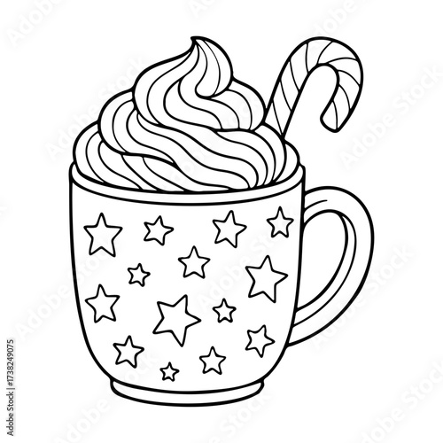 Hot drink chocolate cup with whipped cream. Doodle style. Hand drawn black and white isolated icon. Coloring page, art therapy, line art, logotype. Vector illustration