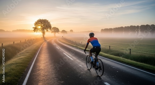 Cyclist rides along country road at dawn through morning mist in rural India