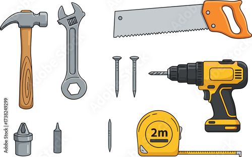 Handy tools and home improvement items collection with hammer, saw, wrench, and tape measure for building and repair projects