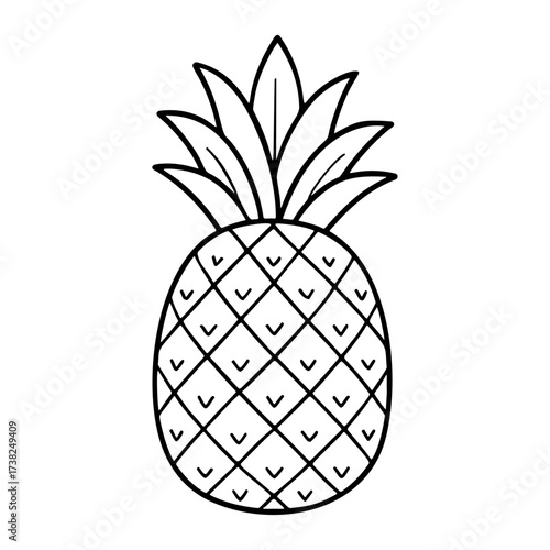 Pineapple outline illustration. Doodle style. Hand drawn black and white isolated icon. Coloring page, art therapy, line art, logotype, Healthy vegan food concept. Vector illustration