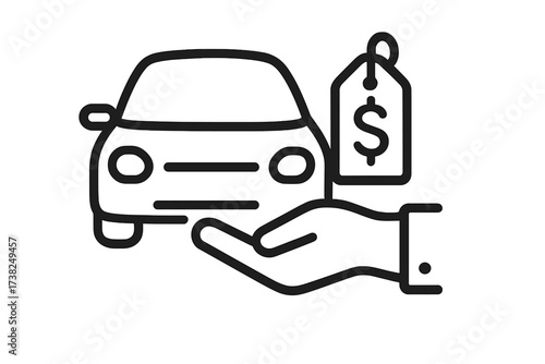 Car selling and buying icon. Automobile dealership symbol. Hand holding price tag. Vehicle valuation, sale, and trade concept. Auto loan and financing business pictogram.