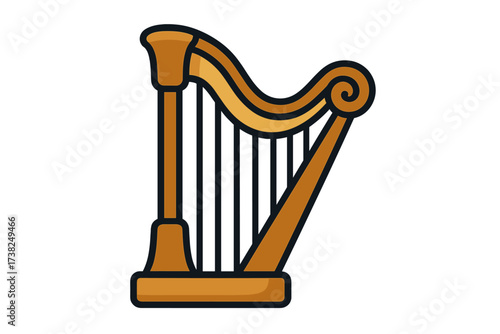 Harp icon vector illustration. Classical music string instrument symbol. Elegant antique logo for orchestra or folk concert. Acoustic melody & harmony concept. Celtic or Irish.