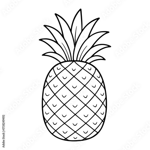 Pineapple outline illustration. Doodle style. Hand drawn black and white isolated icon. Coloring page, art therapy, line art, logotype, Healthy vegan food concept. Vector illustration