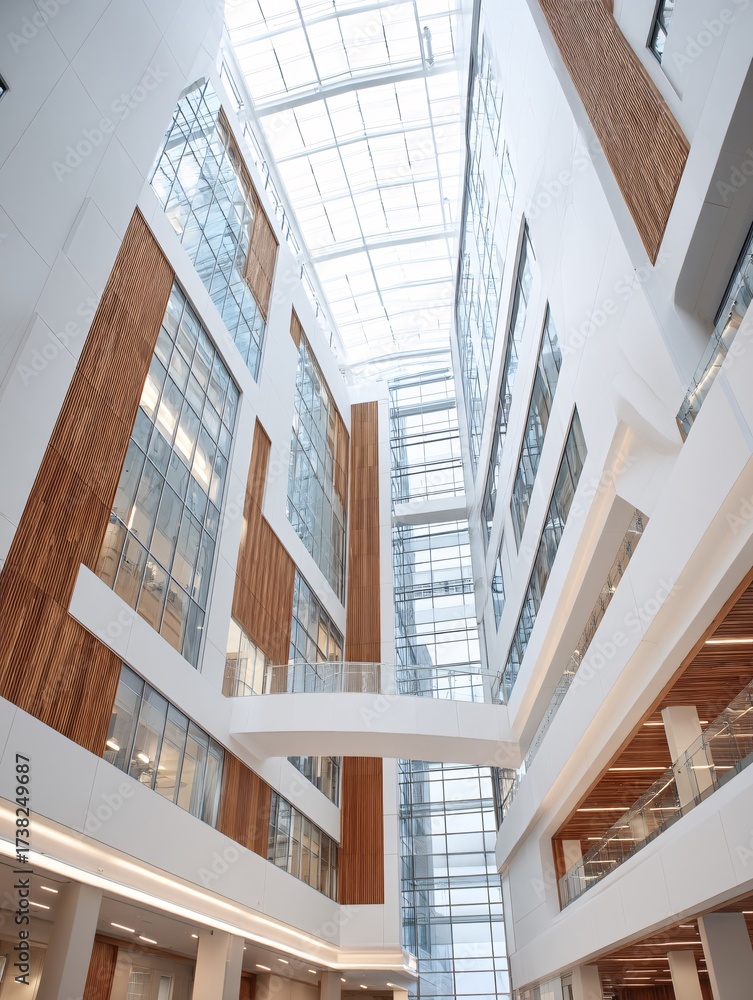 Obraz premium shot of a contemporary covered walkway connecting two buildings. Focus on the seamless transition and clean, functional design. Light wood paneling accents the white walls. Abundant natural 