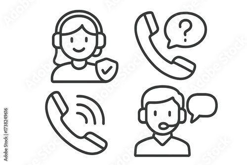 Customer support icon set. Call center agent with headset. Hotline operator helpdesk symbol. Phone communication, question and answer sign. Online technical assistance vector icons.