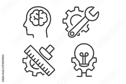Engineering icon set. Intelligence, development, problem solving concept. Creative idea, innovation. Mind process. Gear, settings, wrench, ruler, brain, lightbulb symbol.
