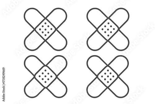 Adhesive bandage cross icon set. Medical plaster symbol collection. First aid, wound care, and healing concept. Healthcare patch vector illustration for web and print design.