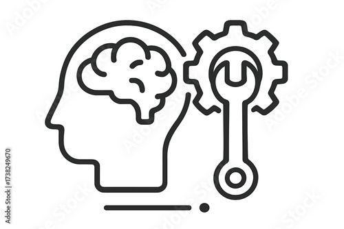 Mental health and psychology concept. Head with brain, gear and wrench icon. Metaphor for problem solving, therapy, fixing mind, intelligence, engineering and technical skills.