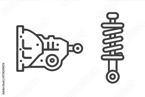 Car suspension parts set. Shock absorber, coil spring, and control arm line icons. Automotive repair service vector illustration. Vehicle chassis components for mechanics.