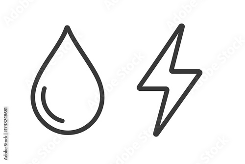 Water drop and lightning bolt icon set. Hydropower and electricity concept. Renewable energy symbol. Vector illustration in a simple linear outline style for graphic design.