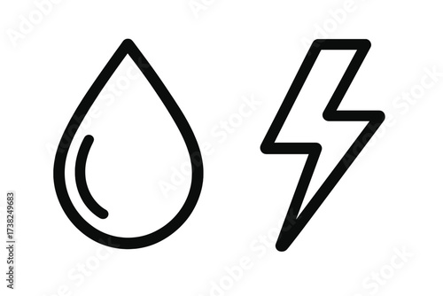Water drop and lightning bolt icon set. Simple linear vector illustration. Concept for energy, power, electricity, hydro, clean resources, nature, weather, storm, and technology.