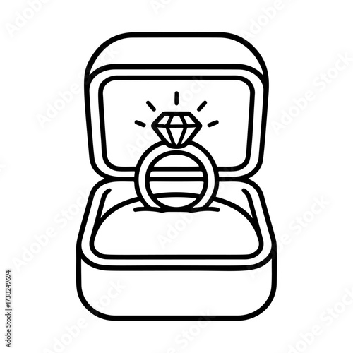 Engagement ring with diamond in gift box. Doodle style. Hand drawn black and white isolated icon. Coloring page, art therapy, line art, logotype Love, proposal, wedding. Vector illustration