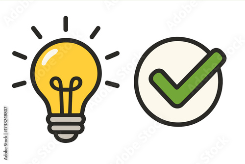 Light bulb idea and check mark icon set. Concept of innovation, approved solution, success. Creative thinking, problem solving. Correct answer, passed test, quality. Vector design.