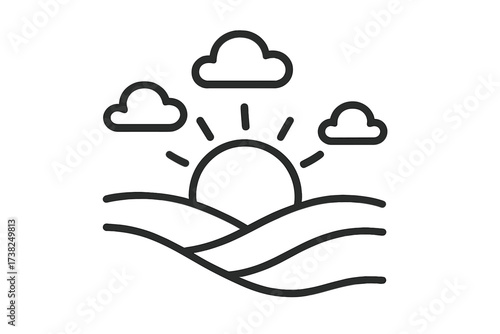 Sunrise over rolling hills icon. Linear landscape symbol with sun and clouds. Morning nature scene vector illustration. Simple outline for agriculture, farm, or weather app.