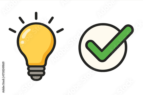Good idea and success concept. Light bulb and check mark vector icon. Creative solution, innovation, approved thinking. Metaphor for validation, problem solving, correct choice.