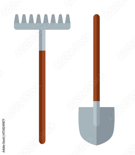 Shovel and rake. Vector cartoon clip art isolated on white background.
