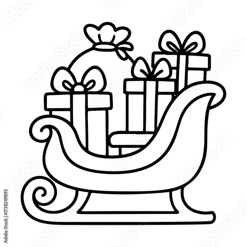 Santa's sleigh with gifts Doodle style. Hand drawn black and white isolated icon. Coloring page, art therapy, line art, logotype. Vector illustration
