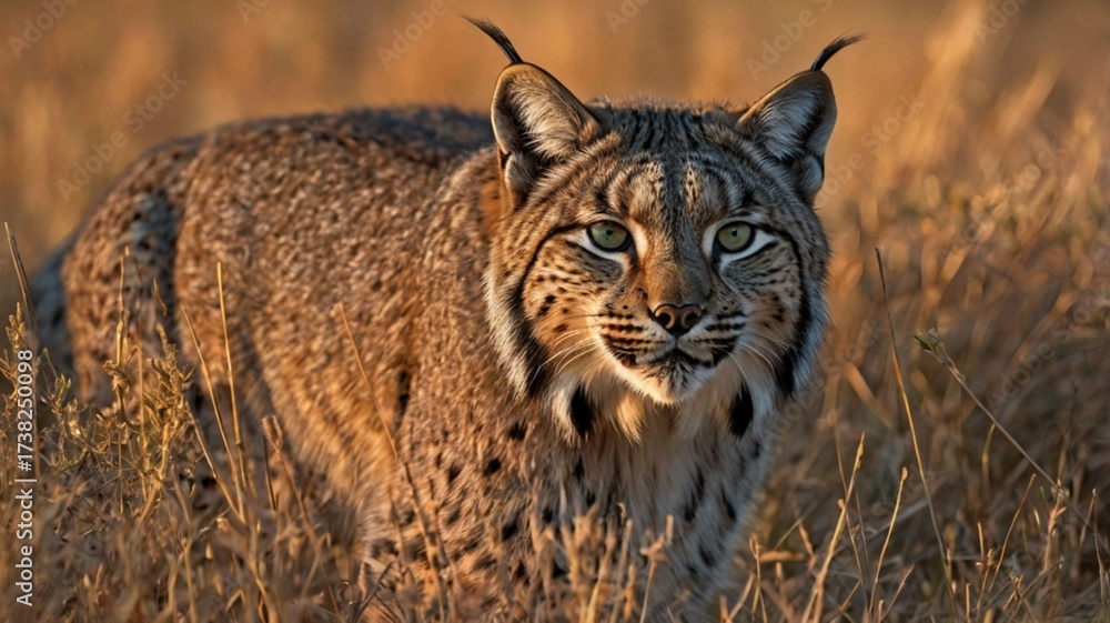 Fototapeta premium The Iberian Lynx creeps slowly through tall, dry grass glowing in sunset light. 