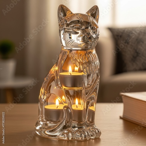 Clear glass cat candle holder with three lit tea lights on a wooden table indoors