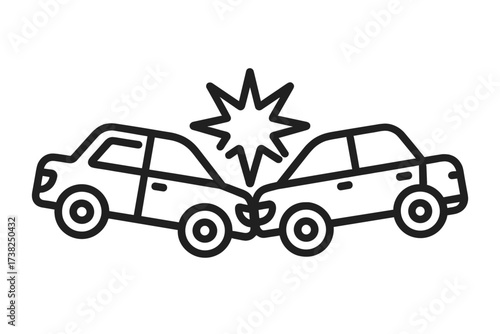 Simple black and white car crash icon, two cars collision symbol with impact star, vehicle accident vector illustration, auto crash sign for safety and insurance concept