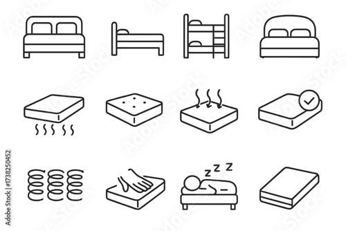 Bed and Mattress Line Icons Set for Web and Apps, Editable Stroke Vector Illustration of Beds, Mattresses, Springs, Comfort Features, and Sleep Concepts for Books, Cards, and Digital Use