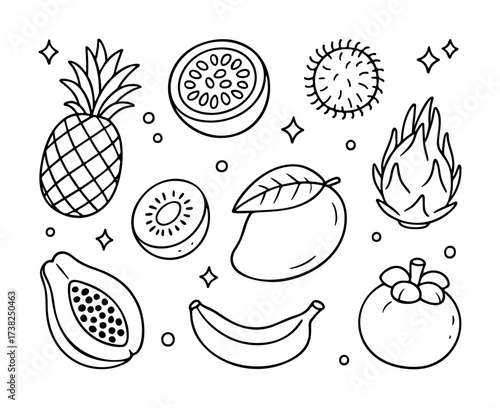 Cute tropical fruits set, Doodle style. Hand drawn black and white isolated icons. Coloring page, art therapy, line art, logotype.vitamin rich food, summer fresh organic fruits. Vector illustration