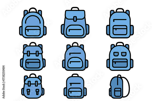 Blue backpack and schoolbag icon set filled color vector pack, minimalistic linear pictogram collection for web, graphic design, apps, banners, social network, cards, travel and education