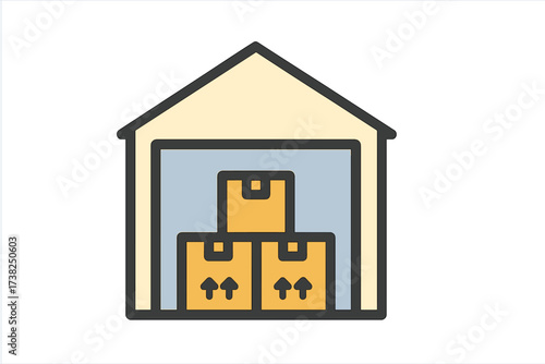 Warehouse storage with stacked cardboard boxes inside building icon, logistics, delivery, shipping, inventory management, parcel packaging, warehouse facility concept, minimalist vector illustration