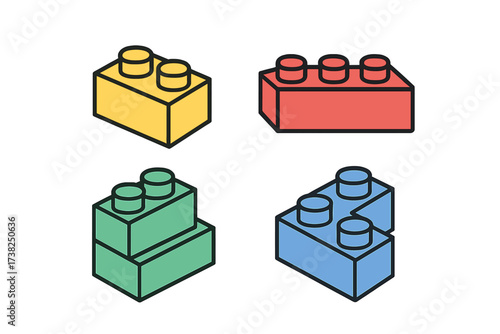 Colorful Building Block Icons Bundle, Minimalistic Linear Pictogram Set for Web, Graphic Design, Apps, Banners, Social Media, Vector Cartoon Construction Toy Elements